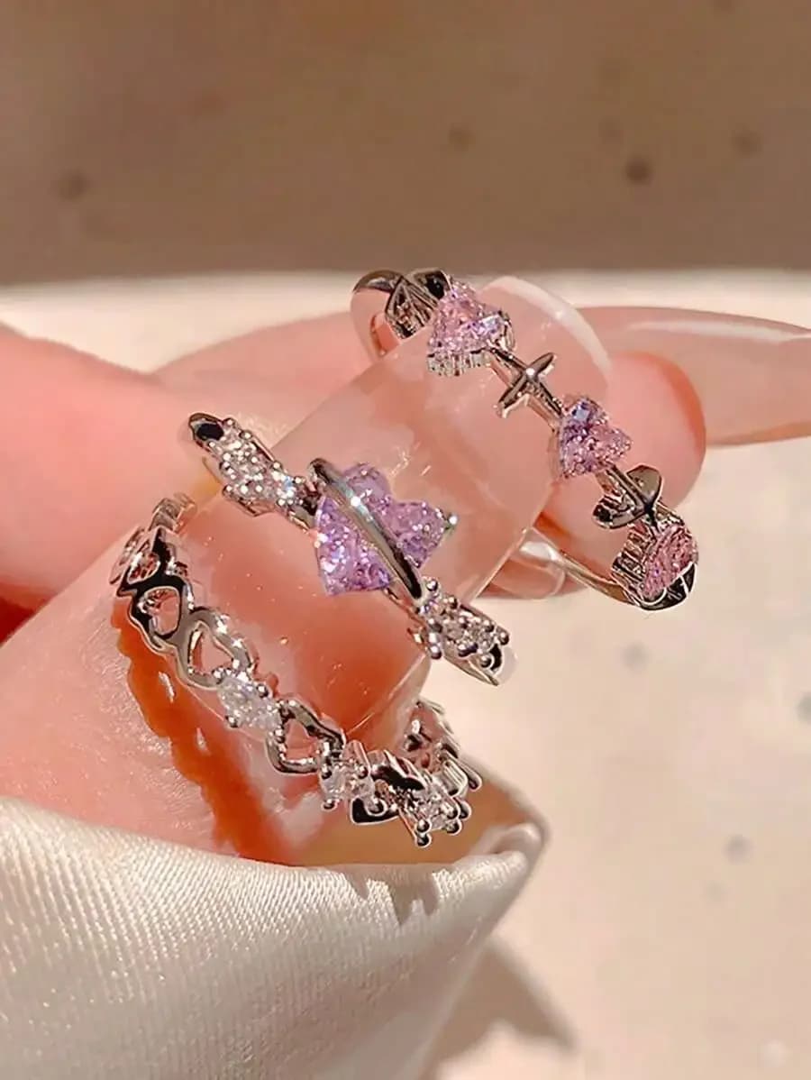Set di 3 anelli regolabili con strass a forma di cuore rosa intarsiati per donna
