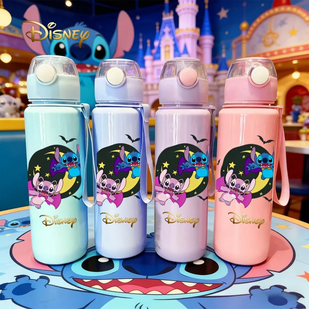 Halloween water bottle with 3D print Disney Stitch & Angel Moon, new flip-top cap with button, reusable, light travel bottle
