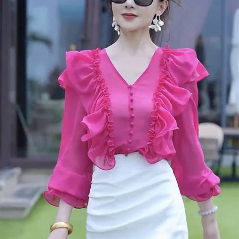 Elegant V-Neck Button Ruffles Princess Sleeve Blouses Women's Clothing Spring Summer New Loose Chic Tops Office Lady Shirts