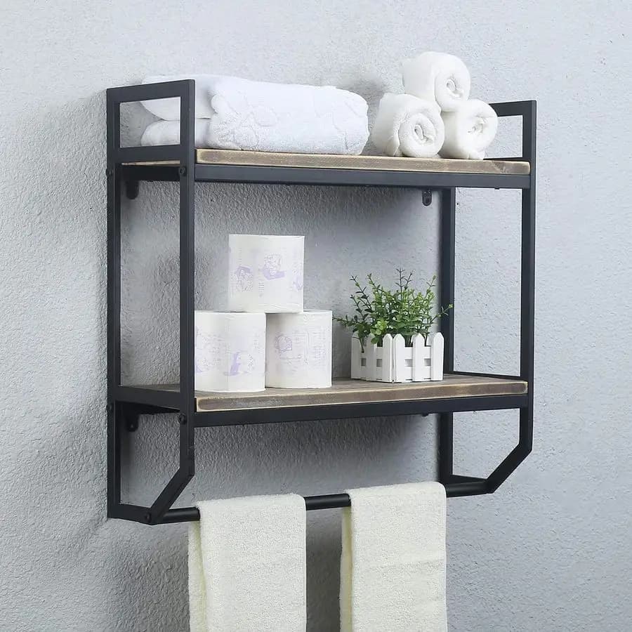 Scaffale con portasciugamani, 2 livelli, 24 ripiani da bagno a parete, scaffale rustico da parete sopra il WC, scaffale portaoggetti multiuso, scaffale galleggiante