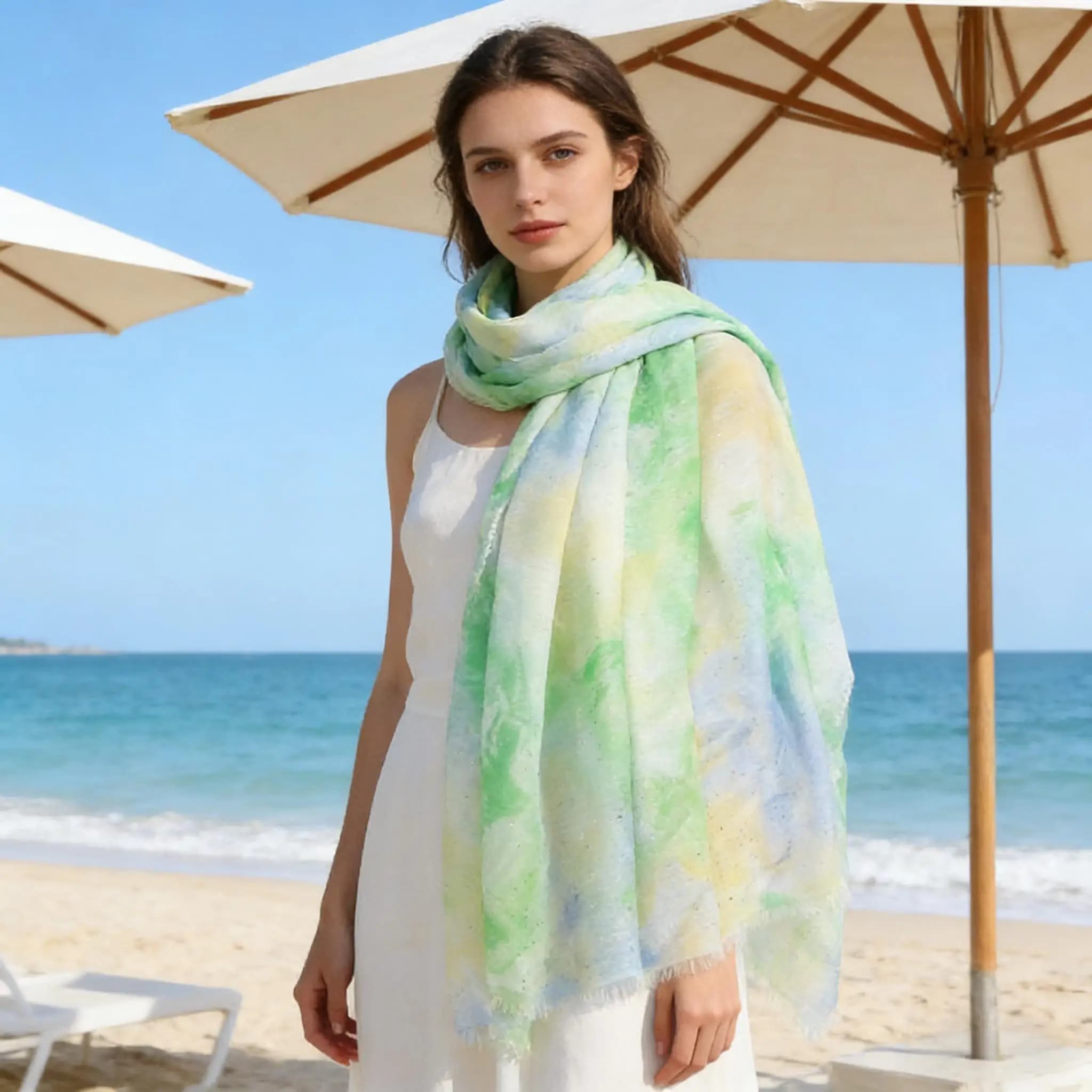 Sciarpa da Donna con Sfumature Verde e Blu e Paillettes Dorate, Leggera e Traspirante in Poliestere, 88x180cm, Grande Sciarpa Decorativa