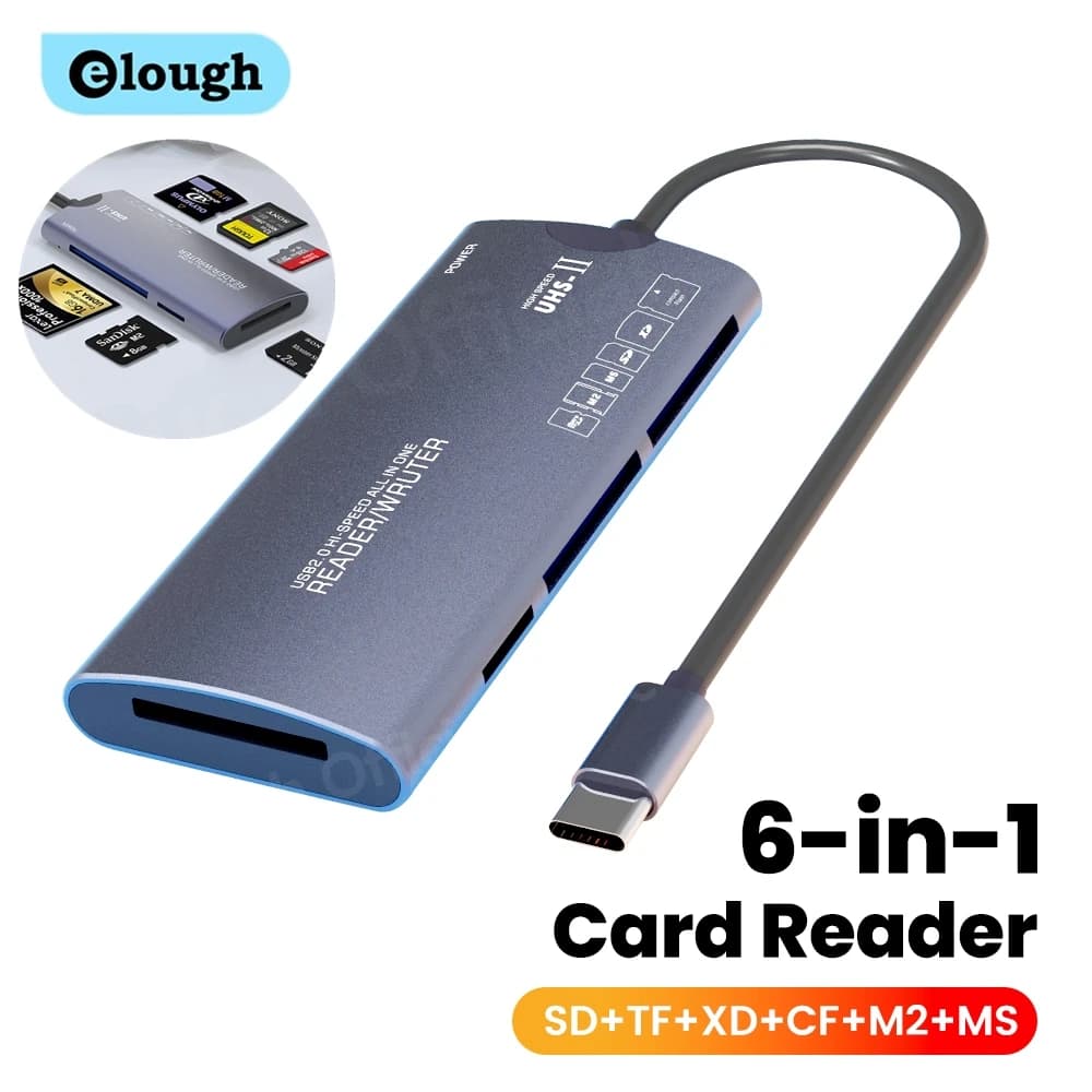 Elough Lettore di schede 6 in 1 SD TF XD CF M2 Lettori di schede di memoria Adattatore USB Tipo C Lettore di schede di trasferimento dati ad alta velocità per laptop