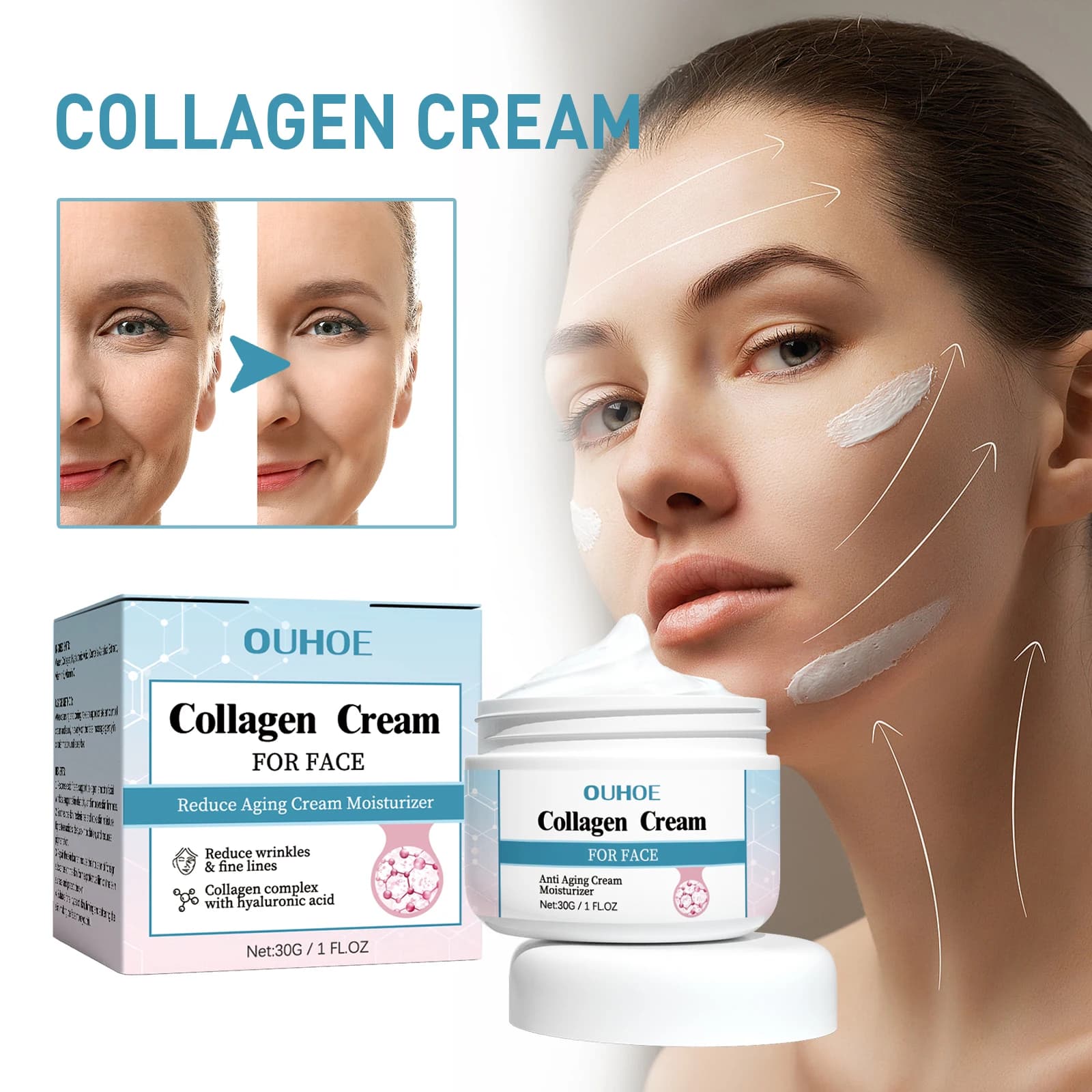OUHOE Crema Viso al Collagene, Crema Idratante e Rassodante per la Cura Quotidiana della Pelle, 30g