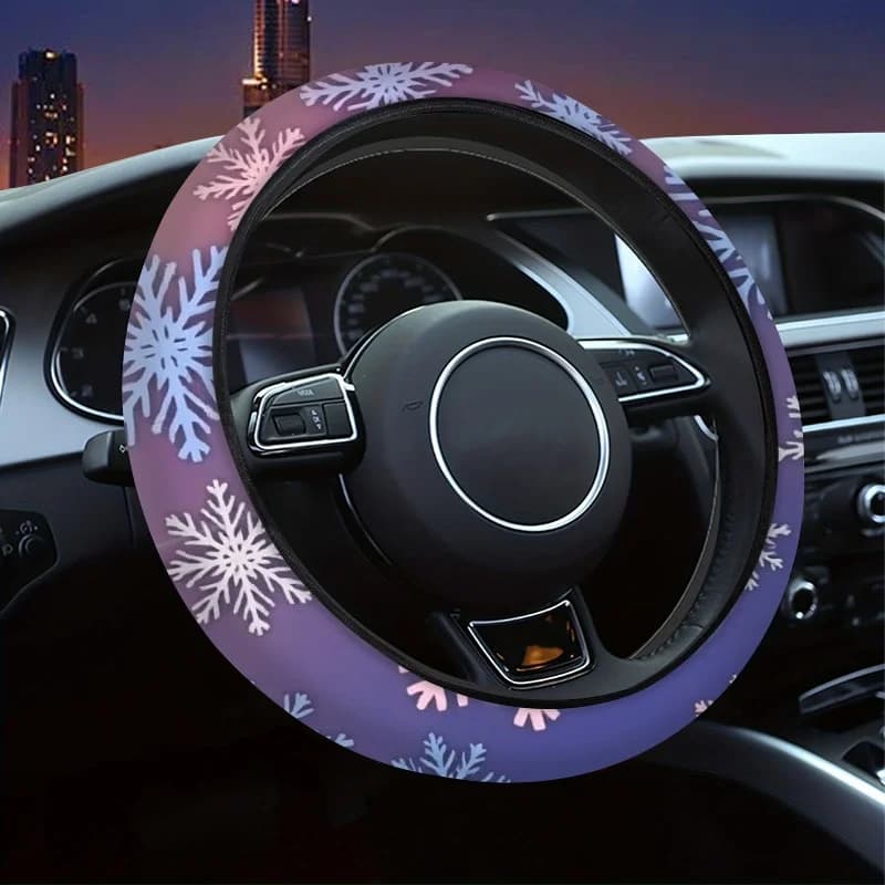 1pc Purple Winter Snowflake Steering Wheel Cover Purple White Snowflake Pattern on Black Fit Car Wheel Soft Grip Non-Slip