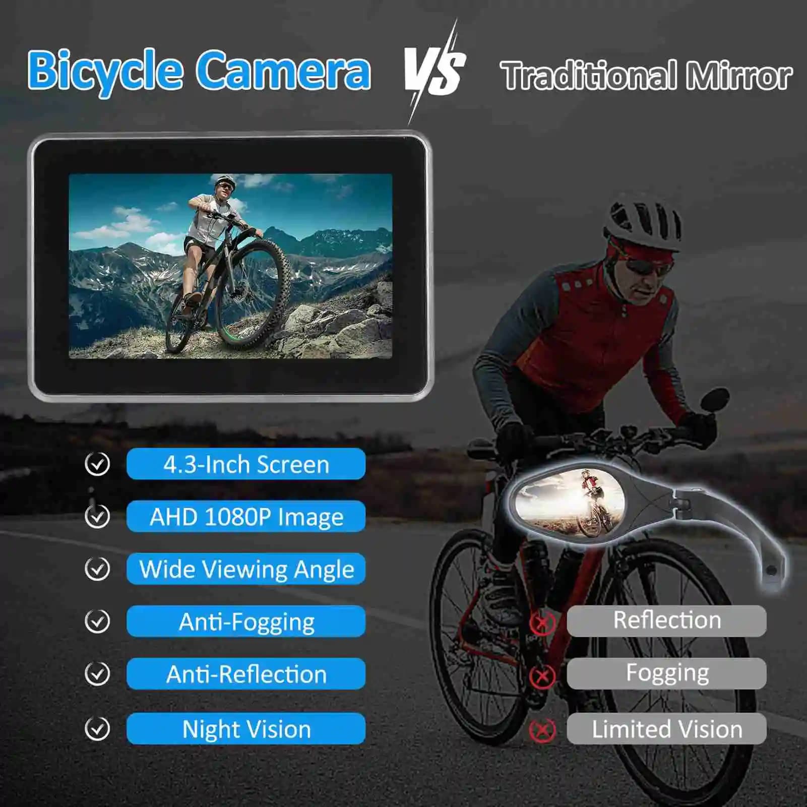 Telecamera per retromarcia per bici 1080P Telecamera per retrovisione con schermo HD da 4,3 pollici per mountain bike Telecamera per retrovisione per bici elettrica Telecamera per retrovisione