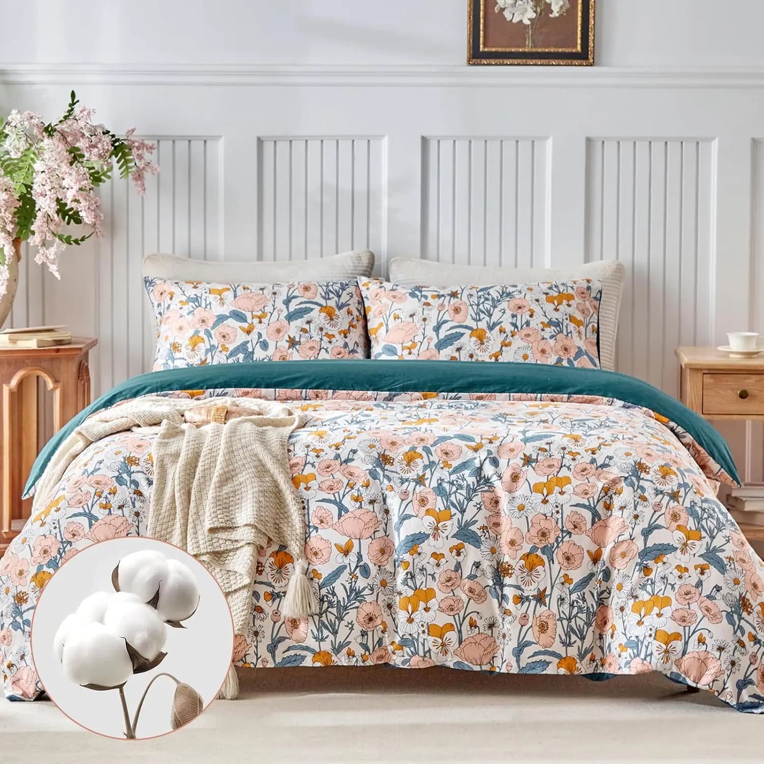Set Copripiumino Matrimoniale in Cotone - Design Floreale Reversibile, Chiusura a Cerniera e 8 Angoli, Biancheria da Letto Morbida e Traspirante (90"x90")