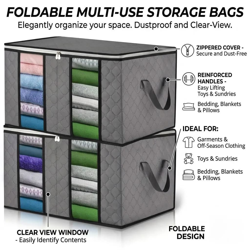 Foldable Multi-use Storage Bag Non-woven Clear Window Handles Dustproof Organizer For Garments Toys Bedding Bedroom Sundries