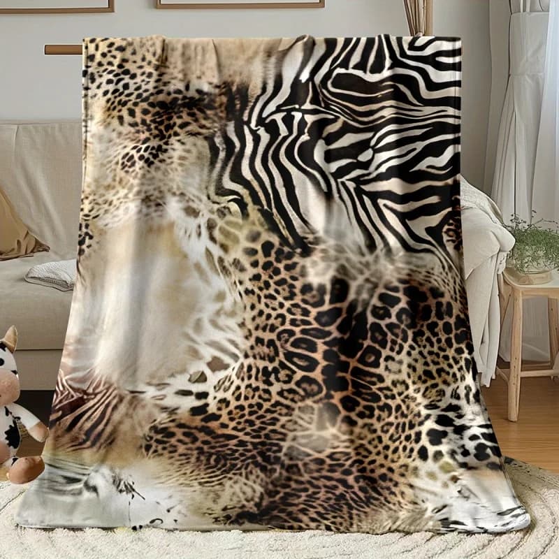 Mixed Safari Animal Skin Print Throw Blanket, Zebra Leopard Patchwork Soft Warm Blanket for Couch Bedroom Decor