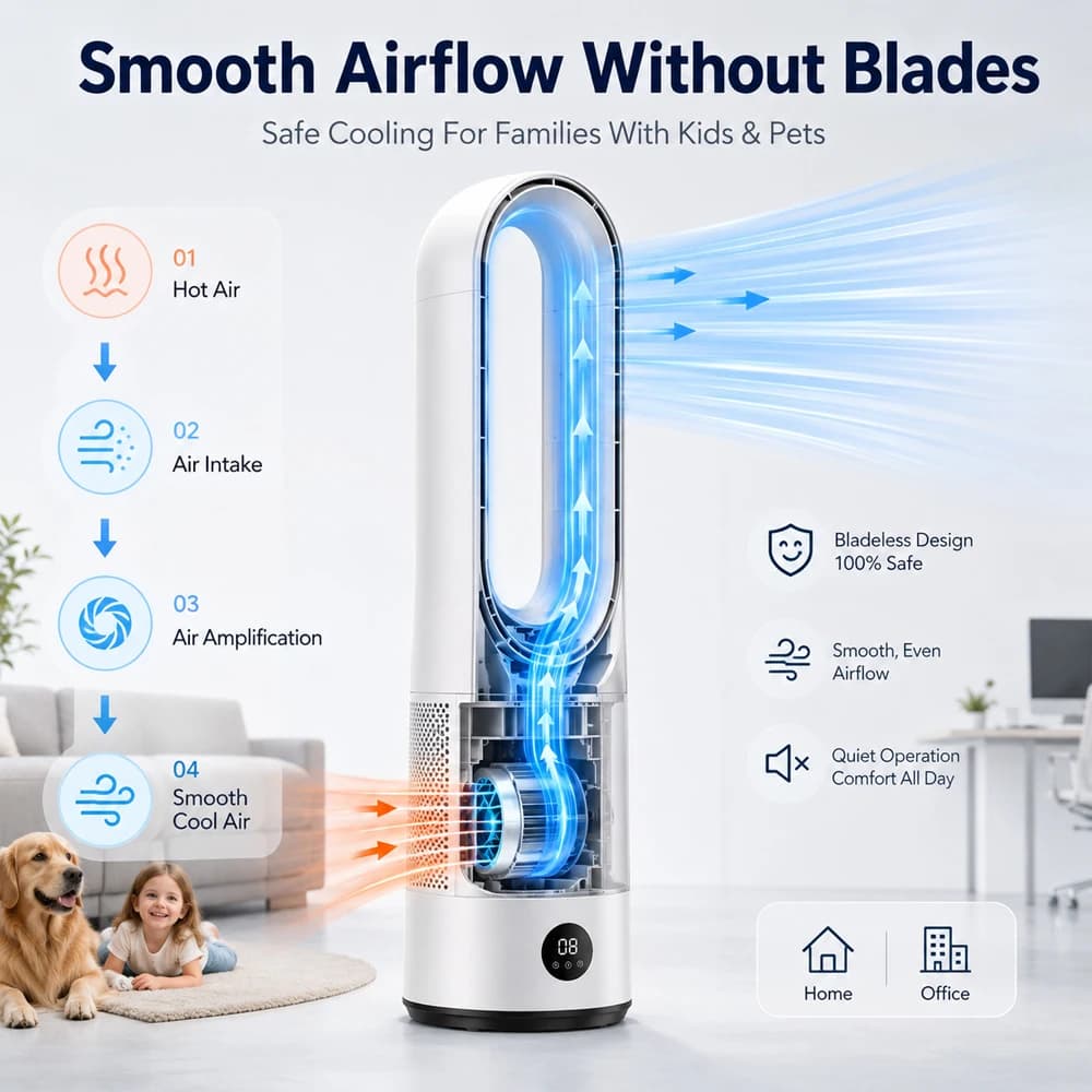 Bladeless Floor Fan with Remote Control 8 Wind Speeds LED Display 1-8H Timer Oscillating Silent Tower Fan 220V/110V