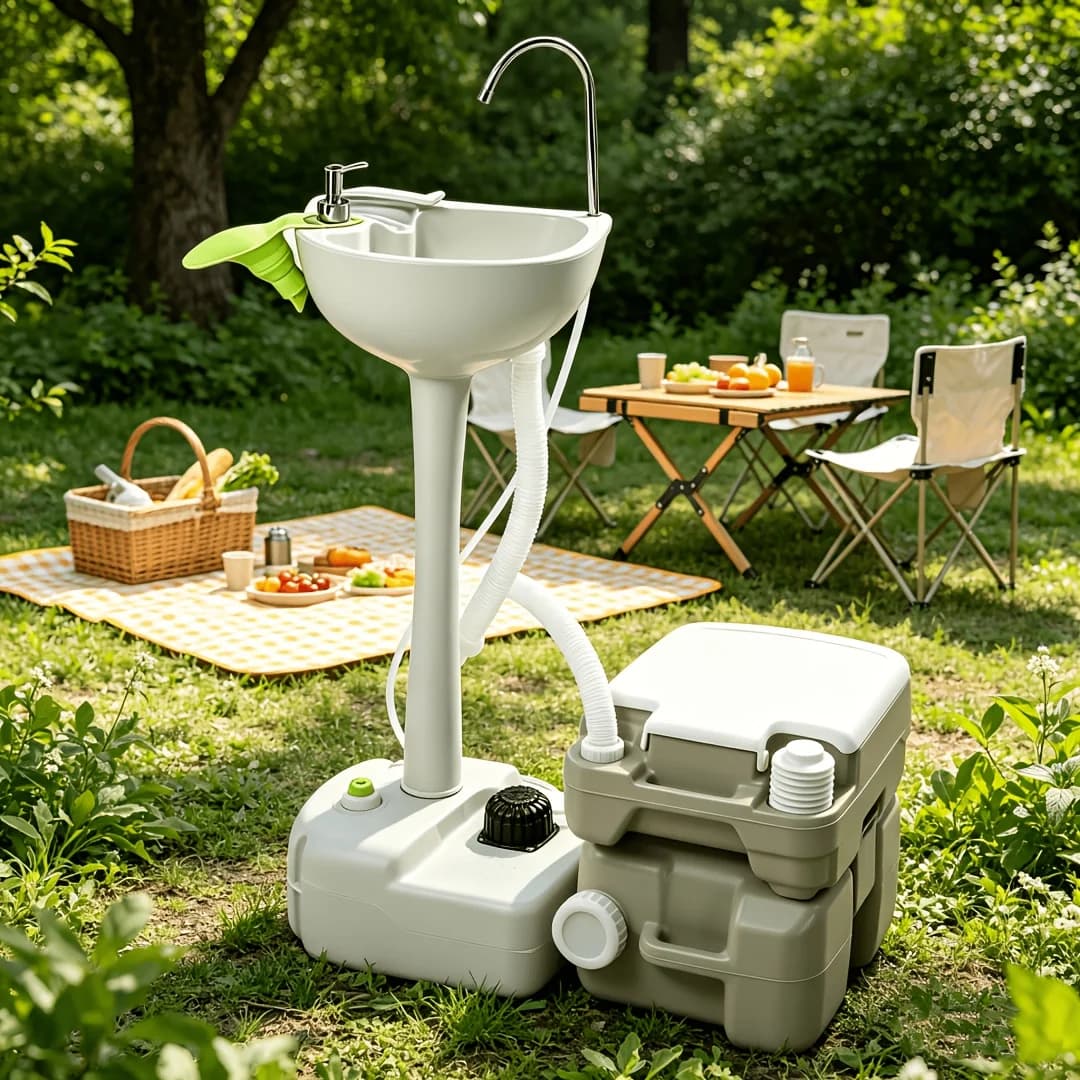 Lavabo Portatile Durevole: Lavabo Portatile da Esterno in HDPE da 8 Galloni, Leggero e Resistente, con Rubinetto | Lavello Bianco per Campeggio, Camper, Giardino e Pulizie Esterne - Include Connettore per Tubo da Giardino, Design Compatto, Facile da Trasportare, Installazione Semplice