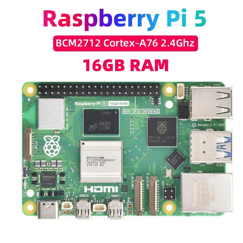 Raspberry Pi 5 16GB RAM Development Board BCM2712 2.4Ghz Cortex-A76 Gigabit Ethernet 4Kp60 HEVC BT 5.0 BLE WiFi PoE RTC PCIe