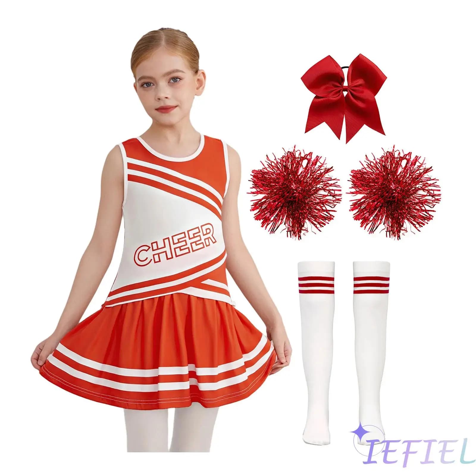 Costume da allegria per ragazze, set uniforme, top senza maniche, girocollo, con gonna a pieghe e elastici per capelli, fascia per capelli, calzini con palline di fiori