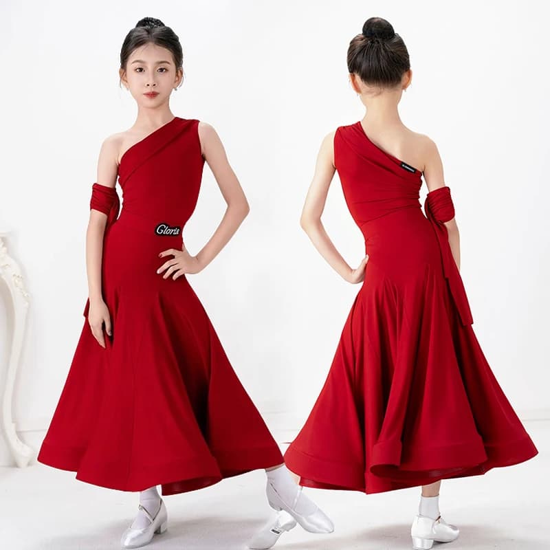 Abito da ballo rosso 2026 per bambina, vestito da ballo moderno standard, abbigliamento da performance, tuta da ballo senza maniche per bambini, abbigliamento da pratica per valzer 5375