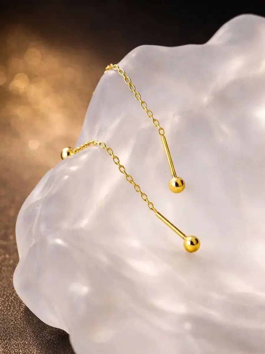 Anello da ombelico lungo e minimalista in argento sterling S925 con sfera lucida e catena sottile per donna