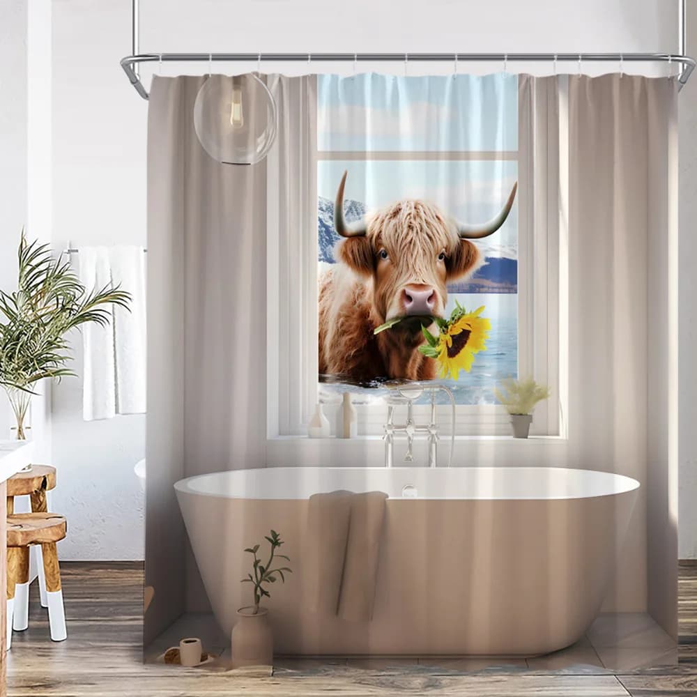 Divertente Tenda Doccia con Stampa di Mucche Highland, Animali da Fattoria, Cavalli, Asini e Motivi Floreali, Decorazione per Bagno in Poliestere
