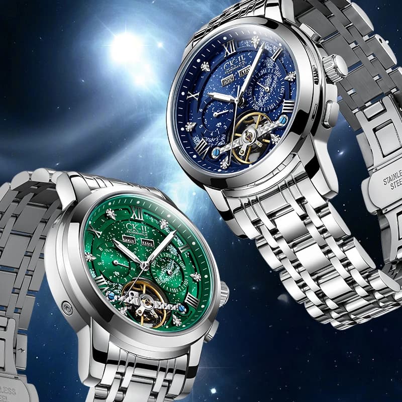Orologio Meccanico Automatico da Uomo MARK FAIRWHALE 6055 con Tourbillon, Quadrante Scheletrato Luminoso, Data, in Acciaio Inossidabile