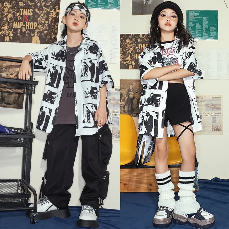 Abbigliamento Hip Hop per bambini Camicia con stampa vintage Nero Casual Multi tasche Pantaloni cargo Pantaloncini per ragazza Ragazzo Abiti da ballo jazz