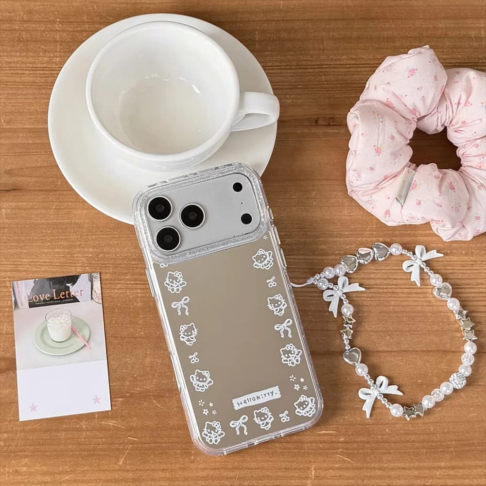 Glitter Camera Mirror Phone Case for iPhone 17 Pro 16 15 17 16 Pro Max Cover Cute HelloKitty with Chain Cartoon Shockproof Cases