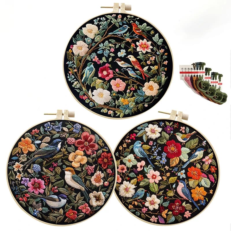 Kit Fai-da-Te per Ricamo con Telaio per Principianti, Motivi Floreali e di Uccelli, Set per Punto Croce con Tessuto, Ago e Filo, Decorazione per la Casa