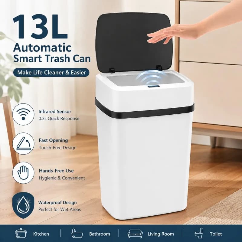 13L Smart Automatic Trash Can Infrared Sensor Electric Waste Bin Waterproof Touchless Garbage Dustbin for Bathroom Kitchen Home
