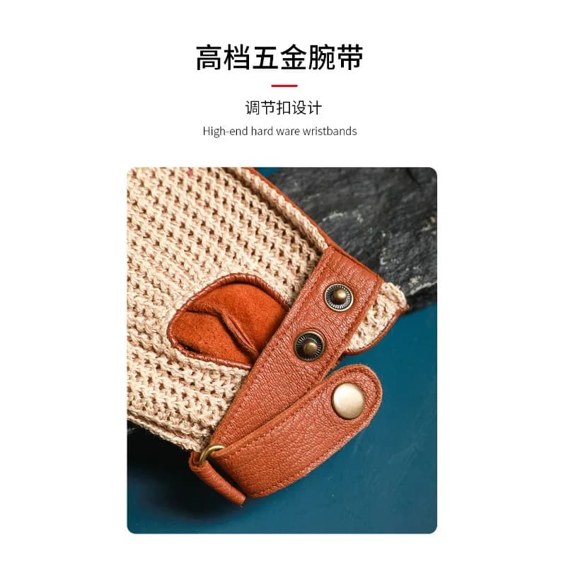 Vintage Genuine Sheepskin Motorcycle Half Finger Gloves Breathable Woven Non-Slip Grip Soft Summer Riding Gloves for Men Women