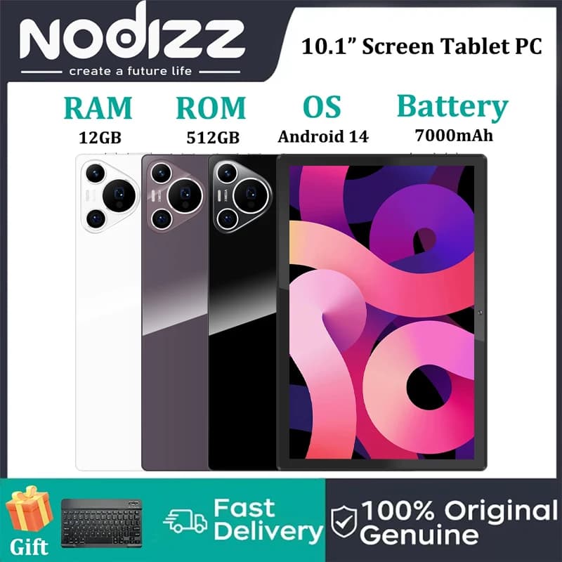 Tablet Nodizz Npad19 Pro da 10.1 pollici, risoluzione 1280*800, sistema Android 14, monitor grafico grande a 60Hz, 12GB+512GB