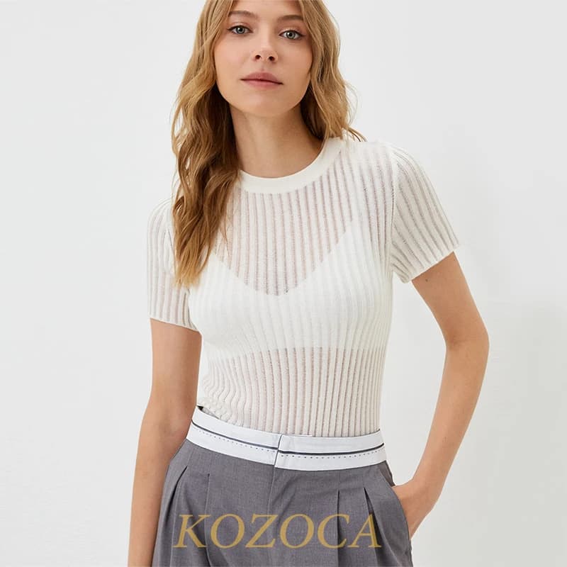 Kozoca 100% Lana Chic Bianco Elegante A Righe Vedere Attraverso Le Donne Magliette E Camicette Abiti Manica Corta T-Shirt Skinny Club Abiti Da Festa