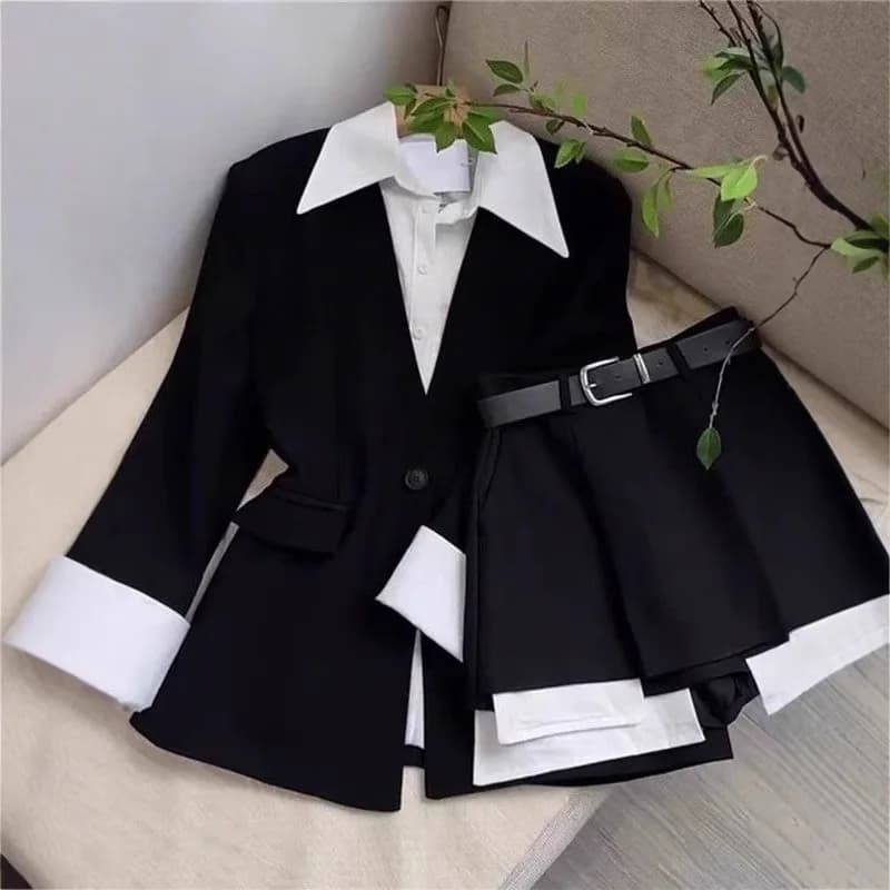 Women Two Piece Skirt Sets Patchwork Blazer Buttons Long Sleeve Jackets High Waist Mini Skirts Suit Elegant Office Lady Spring