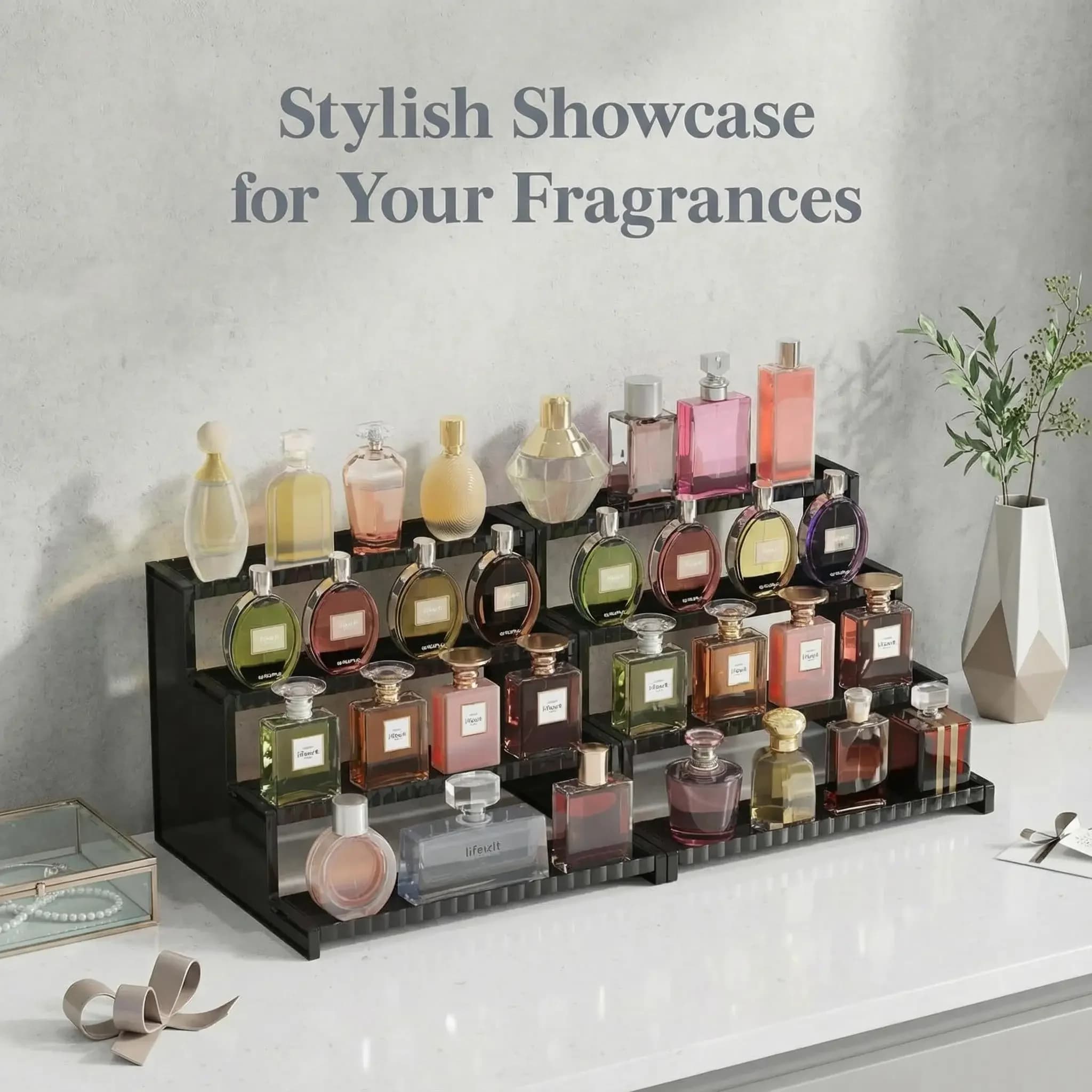 12 Inch 4-Tier Black Display Stand with Decorative Fences Multi-Layer Tabletop Organizer Tiered Shelf for Perfume Cologne Fragrance Action Figures Cupcakes Dessert Vanity Cosmetic Storage Holder Rack