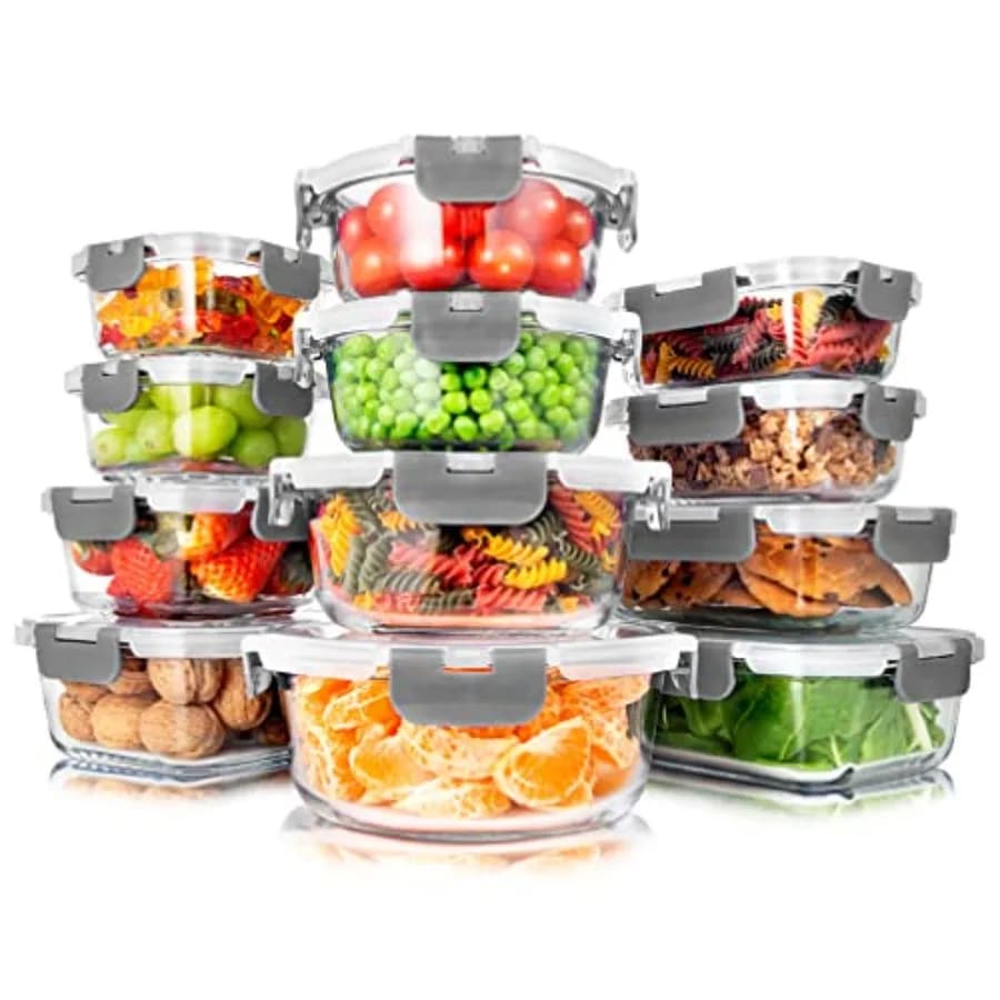Set di 24 Contenitori in Vetro con Coperchi, 12 Pezzi Set per Conservazione Alimenti, Contenitori Ermetici per Pranzo e Cucina
