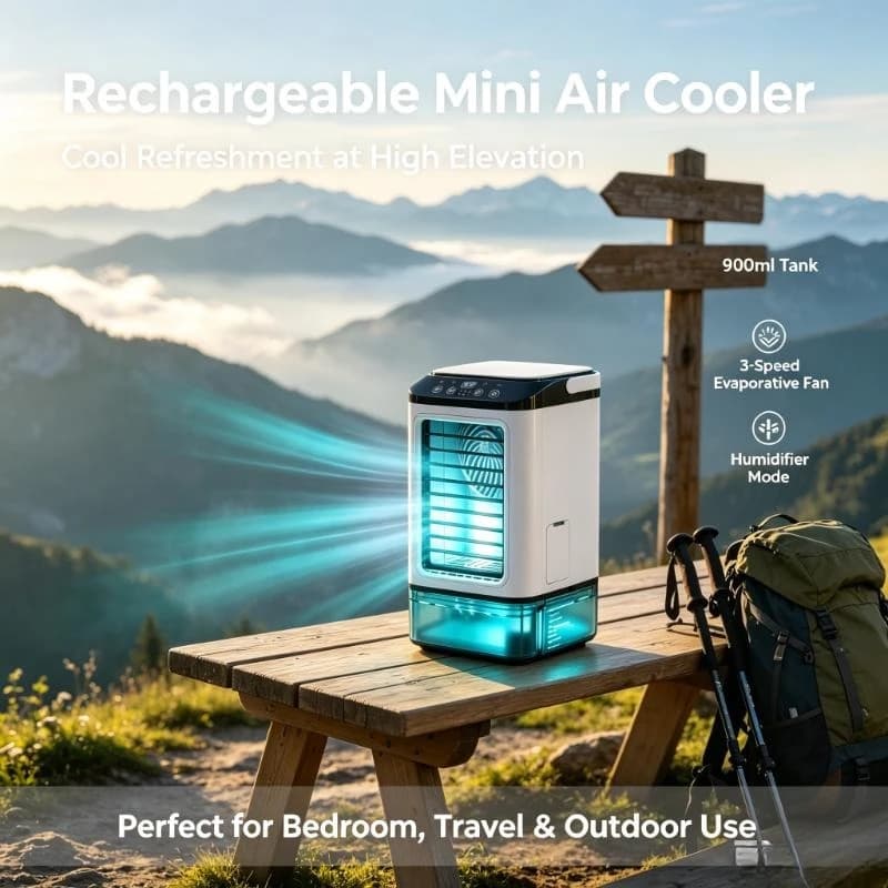 Rechargeable Mini Desk Evaporative Air Cooler 900ml Tank 3‑Speed Fan 7‑Color Night Light Humidifier for Home Outdoor Travel