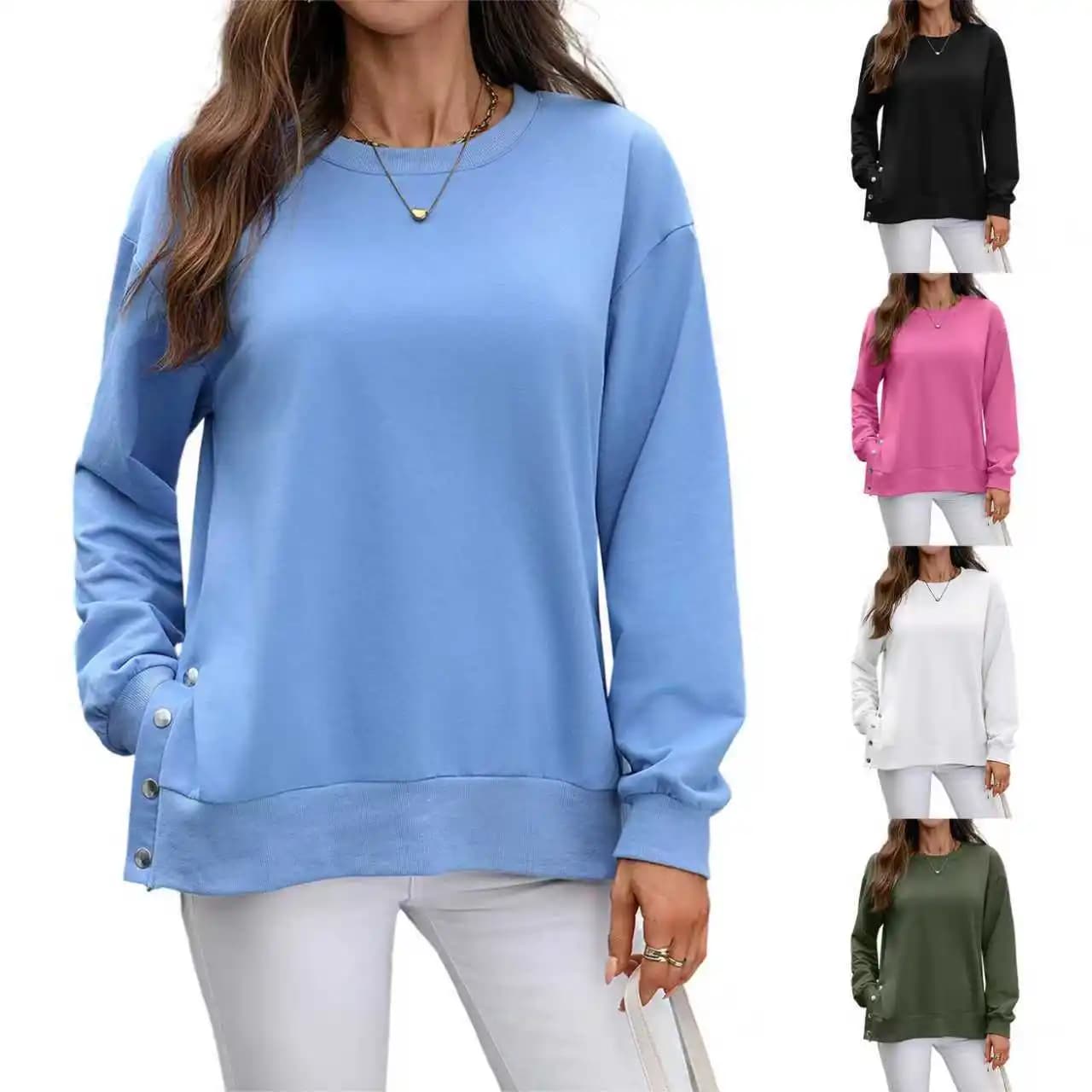 2025 Autunno e Inverno Nuovo Top a maniche lunghe in tinta unita Versatile maglione diviso con scollo tondo da donna Europa e America