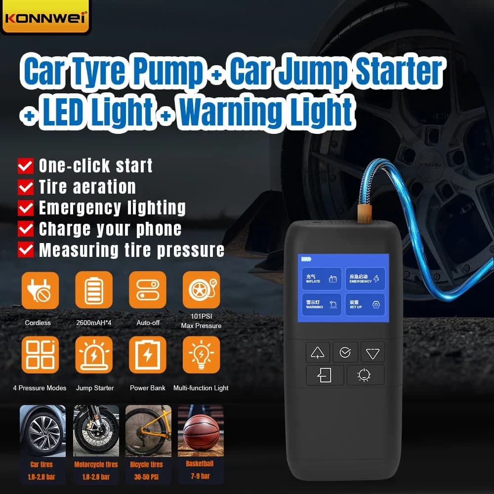 SA500 3-in-1 Avviatore di emergenza per auto portatile Pompa per pneumatici a luce LED con pressione Ow nei pneumatici del veicolo Display LCD per auto Moto Bicicletta