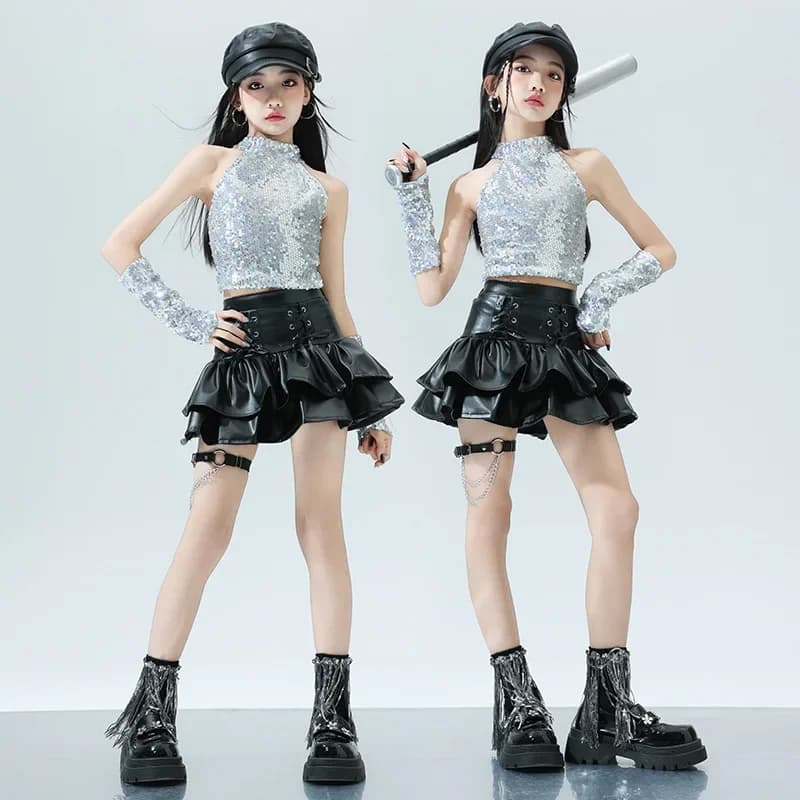 Ragazze K-pop Argento Paillettes Top in pelle Goth Gonne Vestiti Bambini Hip Hop Street Dance Costume Bambini Ragazza Gruppo Set streetwear