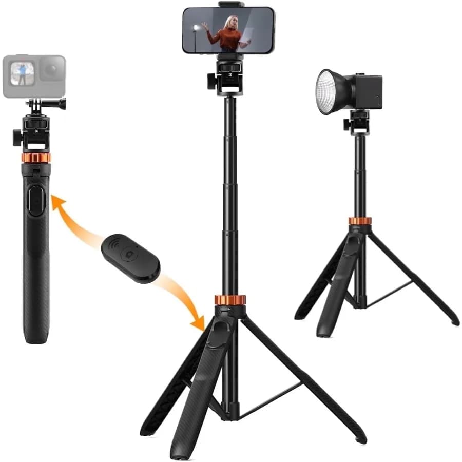 69'' Compact Selfie Stick Tripod with Phone Holder, Detachable Remote Control, Action Camera Adapter, Compatible for Phone/GoPr
