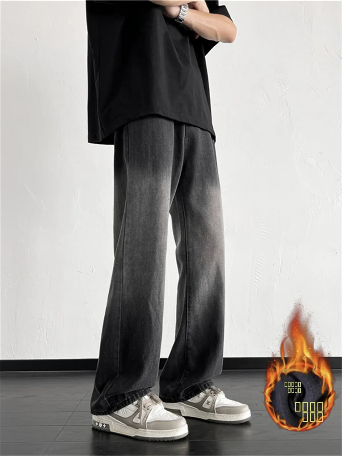 Jeans da Uomo Trendy in Denim Sfumato Felpato, Gamba Dritta Larga, Stile Vintage Lavato, Moda Autunno Inverno, Pantaloni Casual