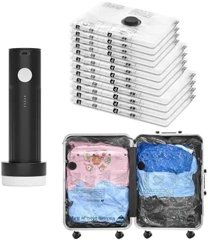 Sacchetti Sottovuoto da Viaggio con Pompa, Set di Compressione da 12 Pezzi (4L/4M/4S) – Organizzatore Salvaspazio per Bagagli