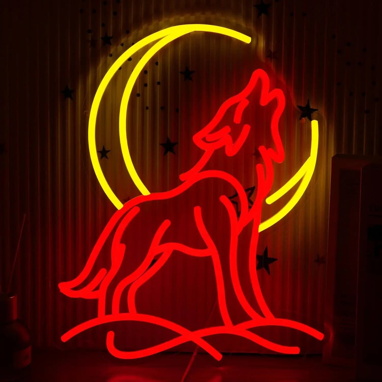 Howling Wolf Neon Sign Dimmable LED Light with Moon Accent for Bedroom Game Room Bar Party Man Cave Aesthetic Wall Decor Gifts