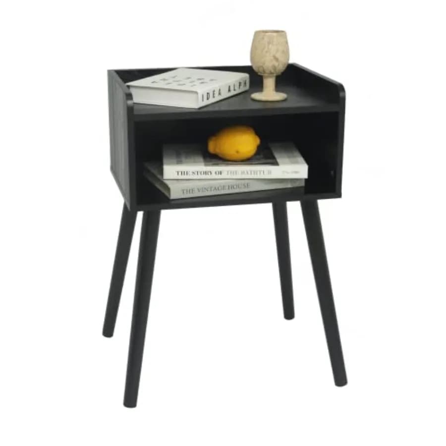 Comodino Moderno Stile Mid-Century con Vano Portaoggetti, Tavolino da Camera da Letto con Gambe in Legno Massello per Soggiorno e Ufficio