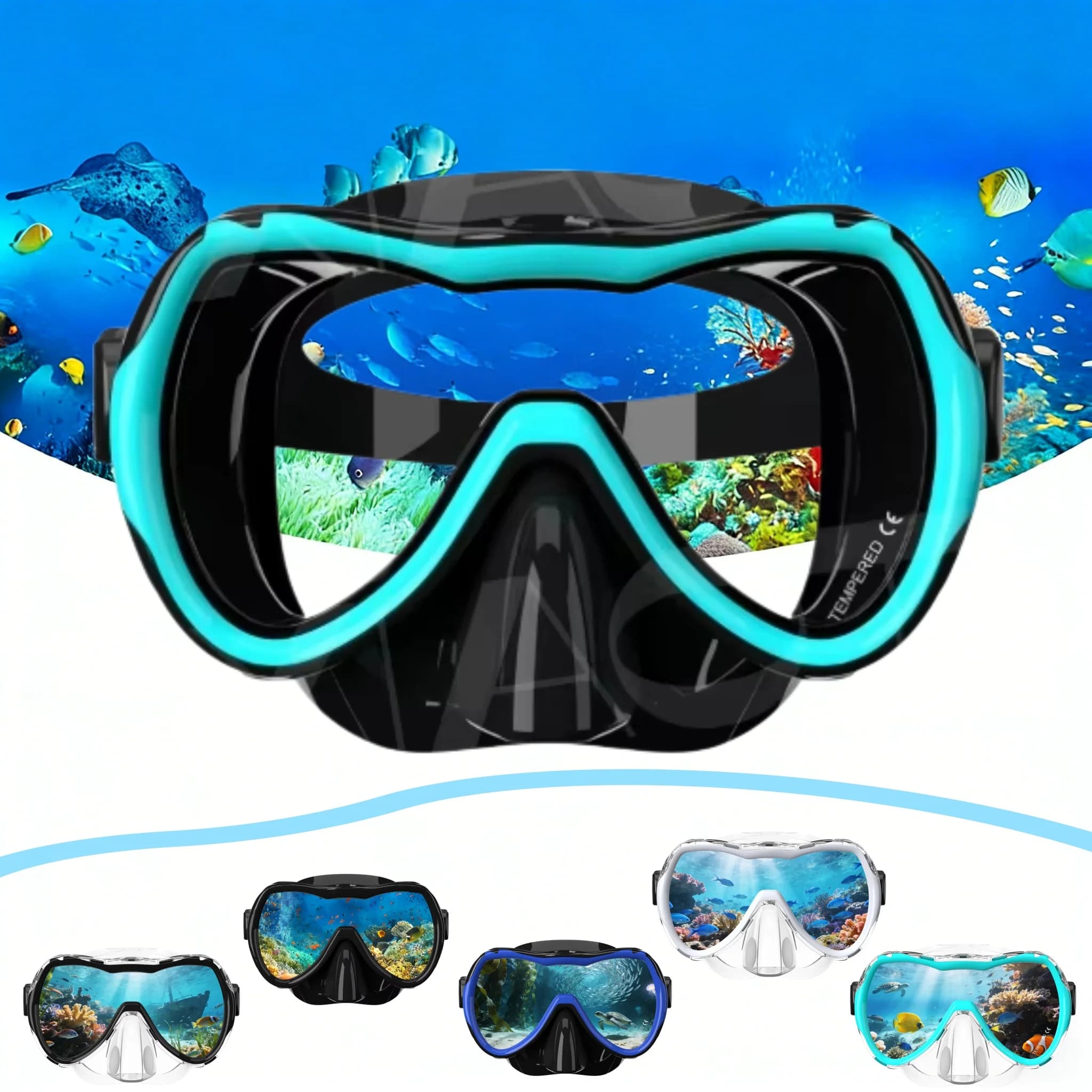 XIAOTREE Snorkel Nuoto Occhialini with Silicone Gonna Temperato Panoramic HD Anti-Appannament for Adults and Young People