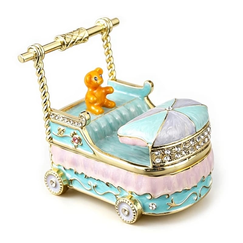 91AF Ornamental Jewelry Box Enamel Finish Stroller Zinc Alloy Accessory Box with Bear Ornament for Rings, Earrings and