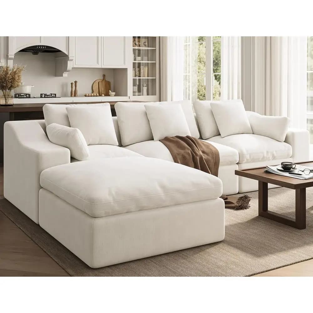 Divano Cloud Oversize 120, Sezionale a 3 Posti con Pouf, Bianco Caldo, Letto Convertibile, Schienale Alto, Rivestimento Lavabile, Misto Lino