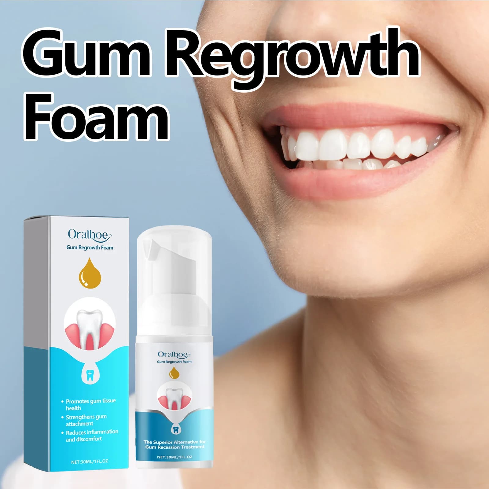 Regrowth of the gums Repair foam Gengivale Remove yellow spots Relieve dental caries Teeth whitening Oral cleaning Protect the care of the gums 30ml