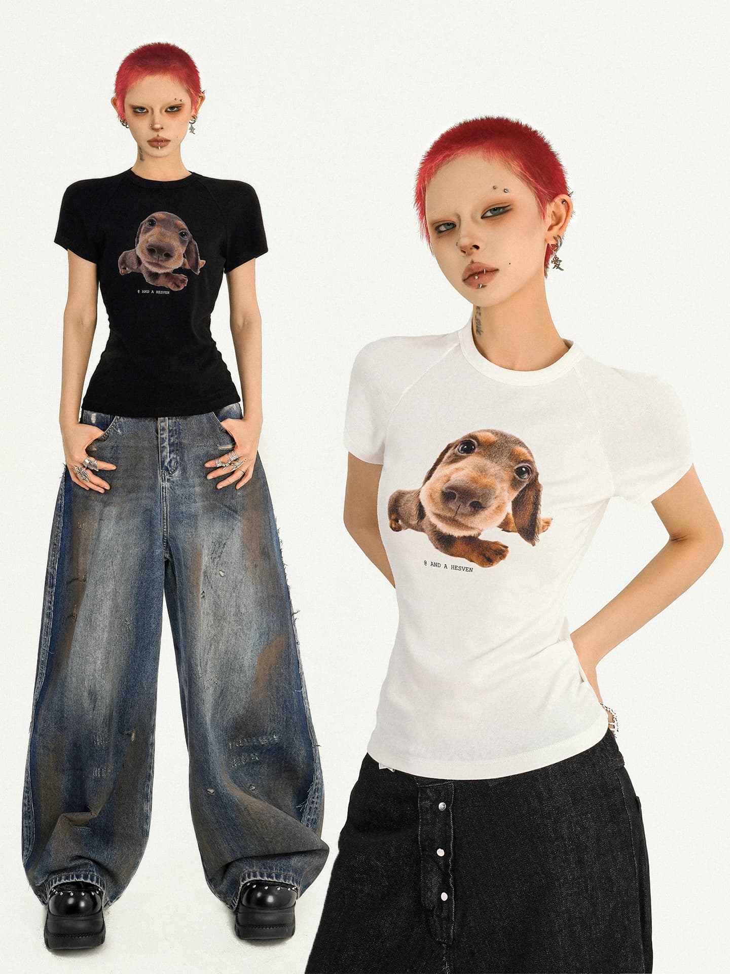 Nico Molly Vintage Spicy Girl Puppy Print Short Sleeve T-Shirt Women Commute Slimming Versatile Top Moisture Wicking Street S...