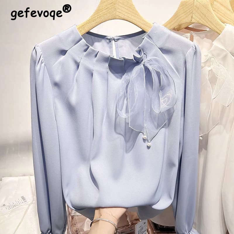 Chiffon blouses with laces and bow curled fashionable by woman chic pendulum shirts elegant by office woman Top wide Korean long sleeves with O neckline
