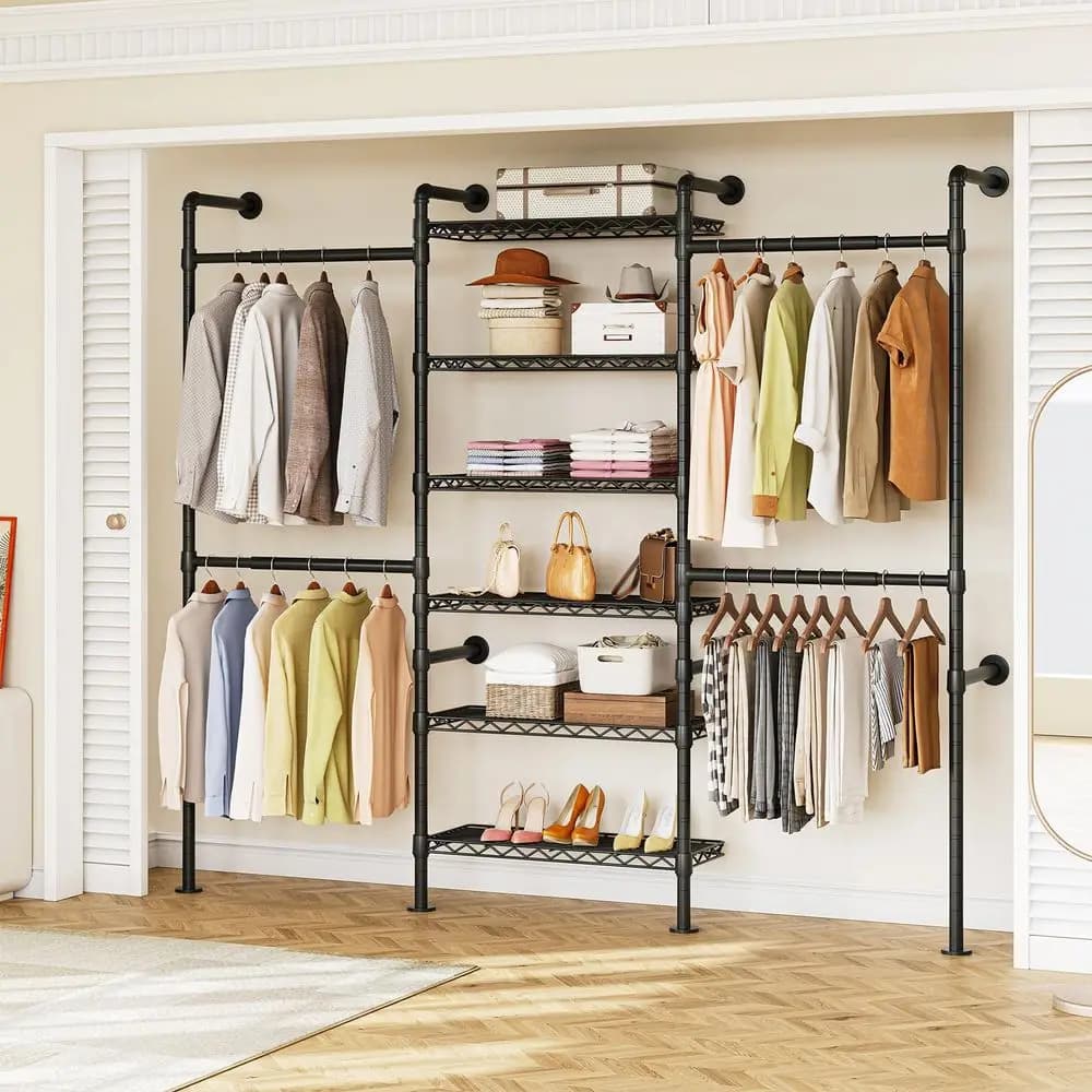 H3 Expandable Wall Mounted Closet System, 5.4FT8.1FT Closet Organizer with 4 Telescopic Rods amp 6 Wire Shelves, Industrial Pip