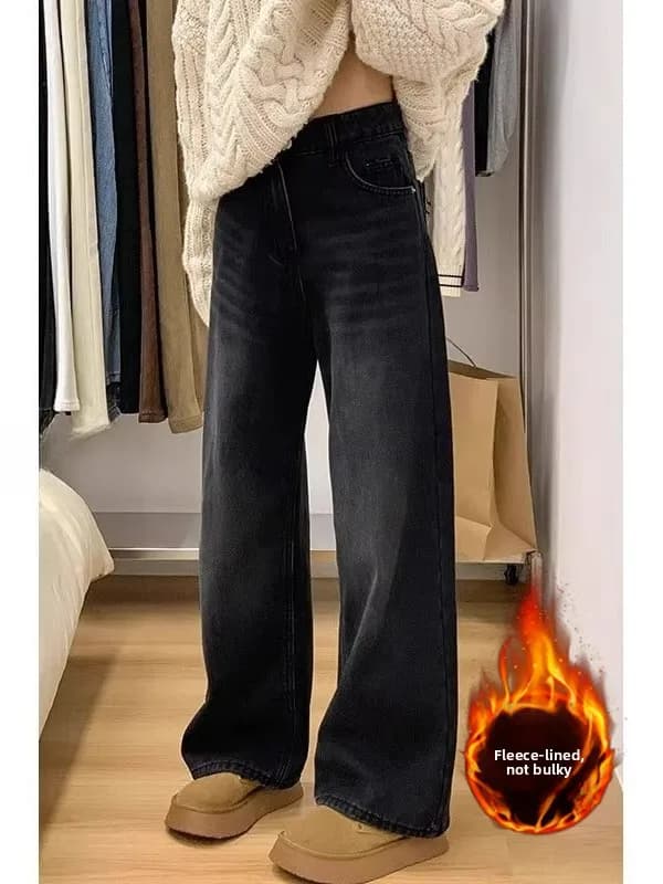 High Waist Fleece Lined Wide Leg Jeans Women's Winter Thick Straight Loose Slimming Floor Length Pants Casual Vintage Versatile