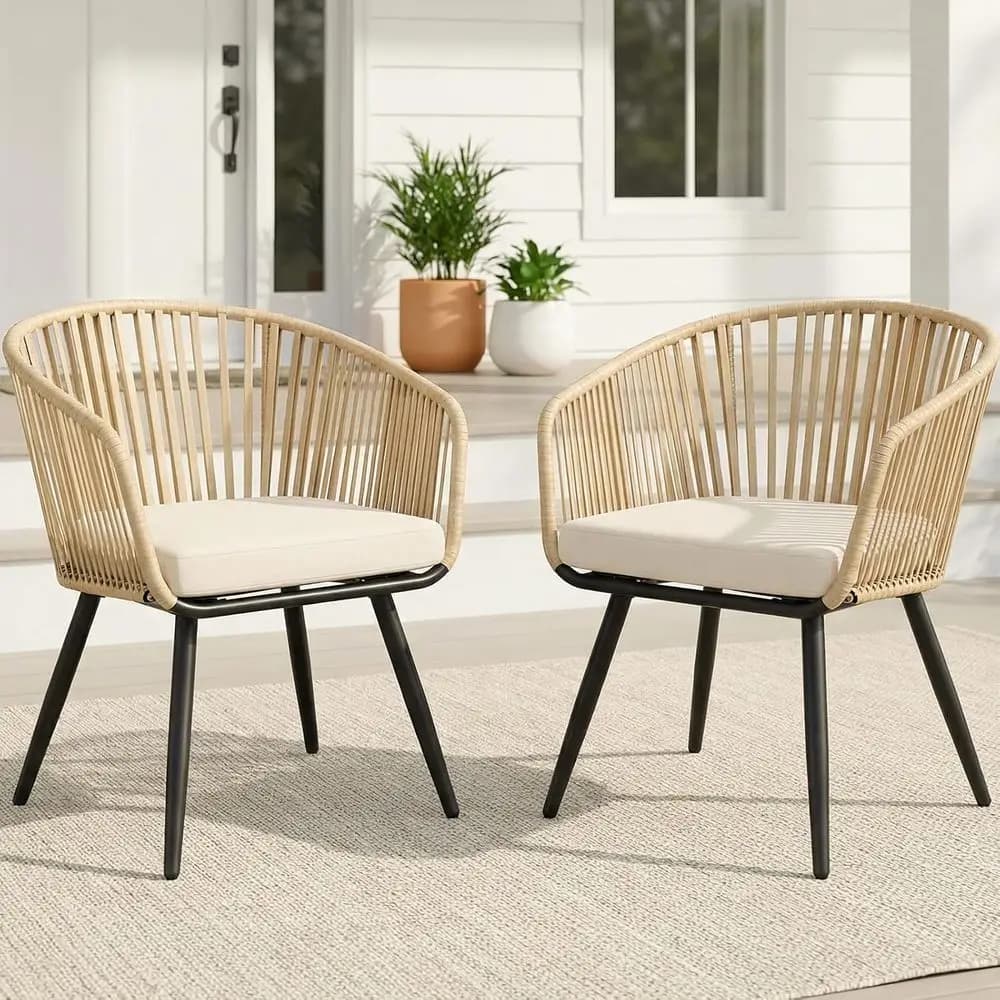 2-Piece Outdoor Wicker Dining Chair Set with Cushions, Weather-Resistant for Patio, Porch, Garden - Cream