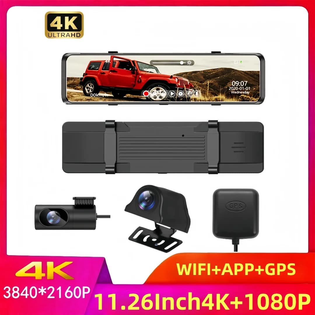 11.26 pollici 4K 3840*2160P DVR per auto Dash Cam WIFI GPS APP Specchietto retrovisore 1080P Car Camer, WDR, APP WIFI Super Night Vision