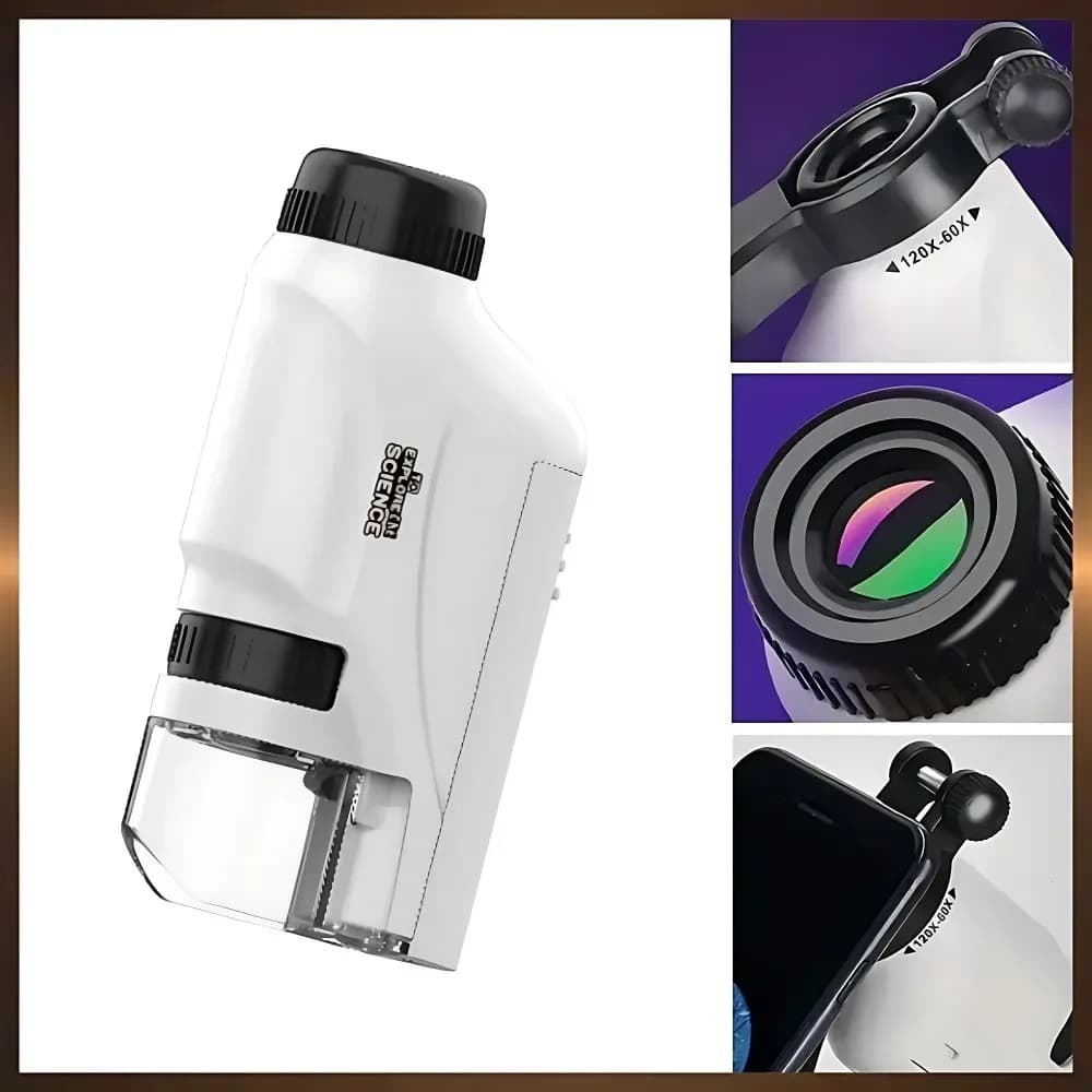 Mini microscopio tascabile per bambini, kit microscopio portatile alimentato a batteria con luce LED da laboratorio 60X-120X per scienze biologiche